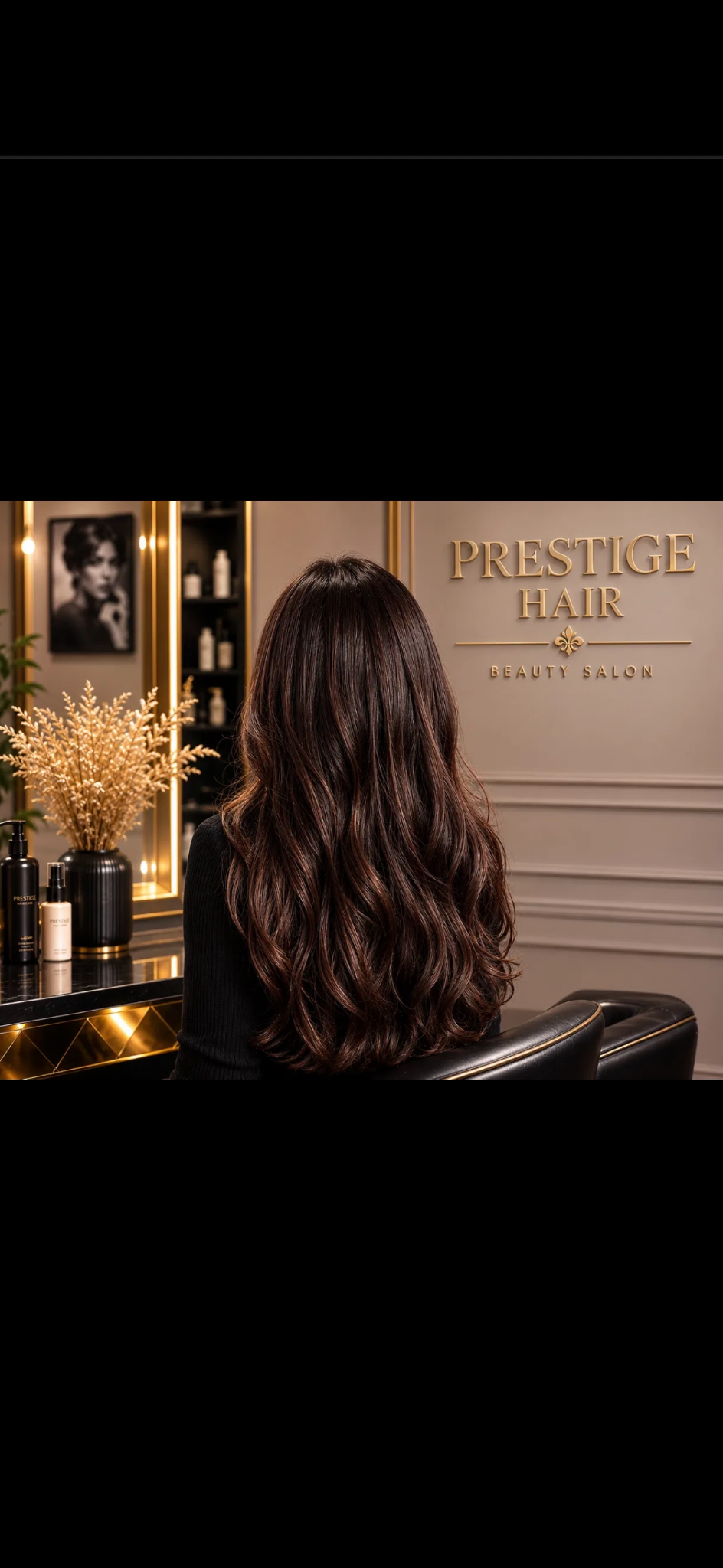 Langes, sanft gewelltes braunes Haar vor einer gold-beigen Wand mit Prestige Hair Schriftzug